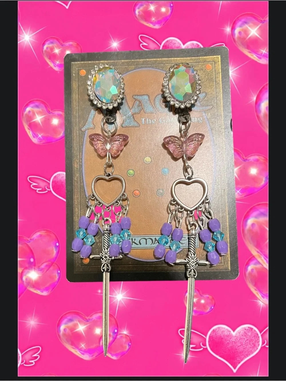 Iridescent Crystal & Pink Butterfly Heart Dangle Earrings